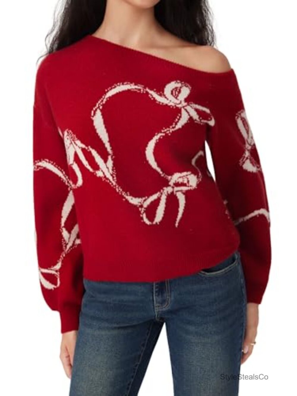 Off the Shoulder Bowknot Long Sleeve Knit Pullover Sweater